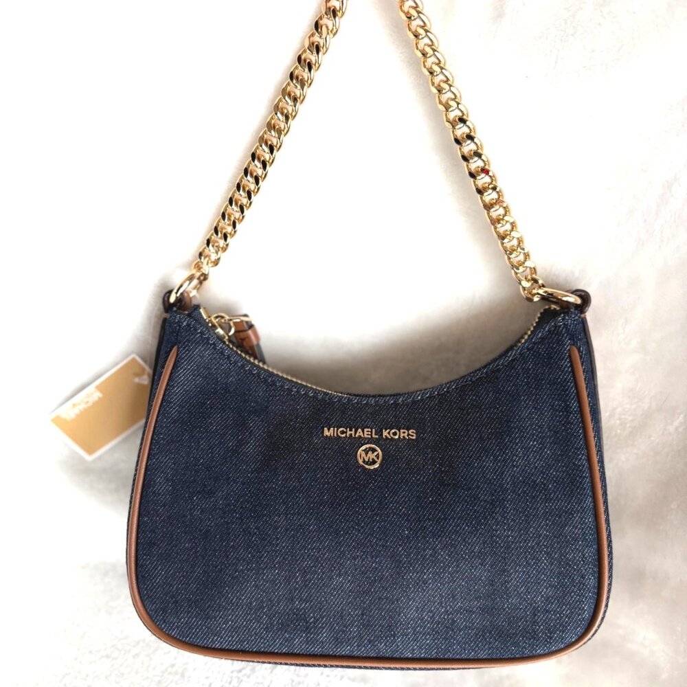 NWT‎ Michael Kors $198 Jet Set Charm Small Denim Pochette handbag gold chain - Picture 4 of 11
